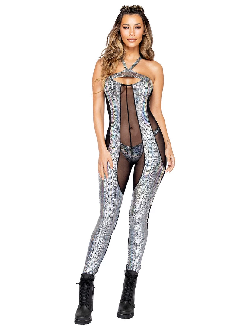 Rave Bae Couture New Arrivals Holo Serpent Sheer Catsuit